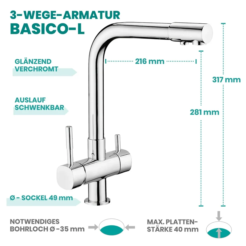 3-Wege-Armatur Basico verchromt – L
