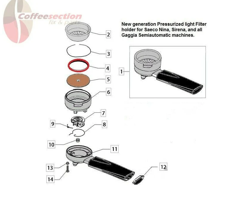 Gaggia portafilter, pressurized filterholder for Semi-Automatic models 11010146