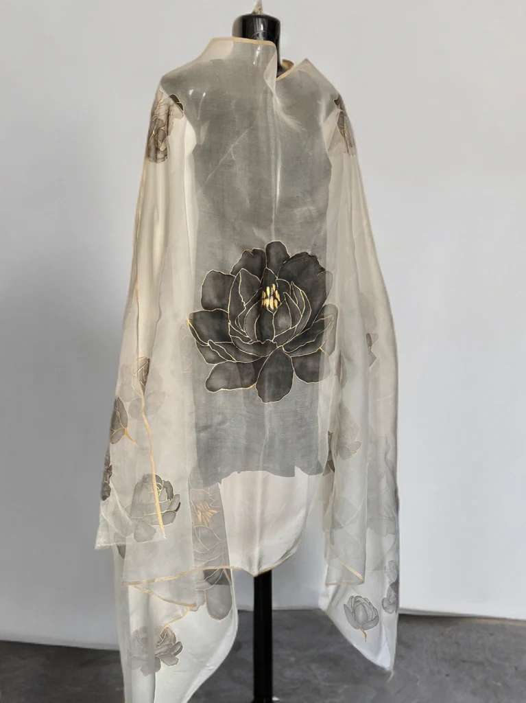 Moonlit Peony – Handpainted Silk Organza Dupatta