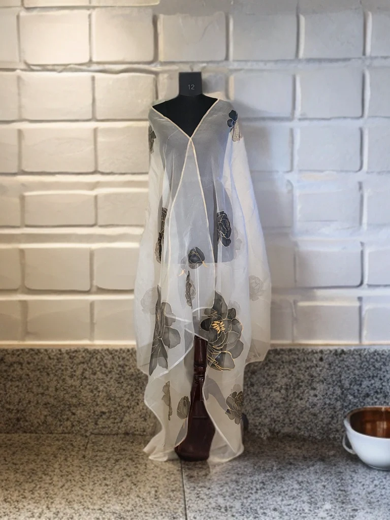 Moonlit Peony – Handpainted Silk Organza Dupatta