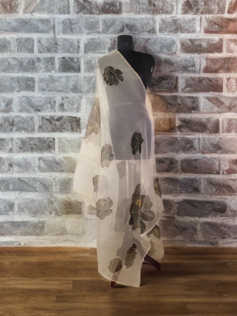 Moonlit Peony – Handpainted Silk Organza Dupatta