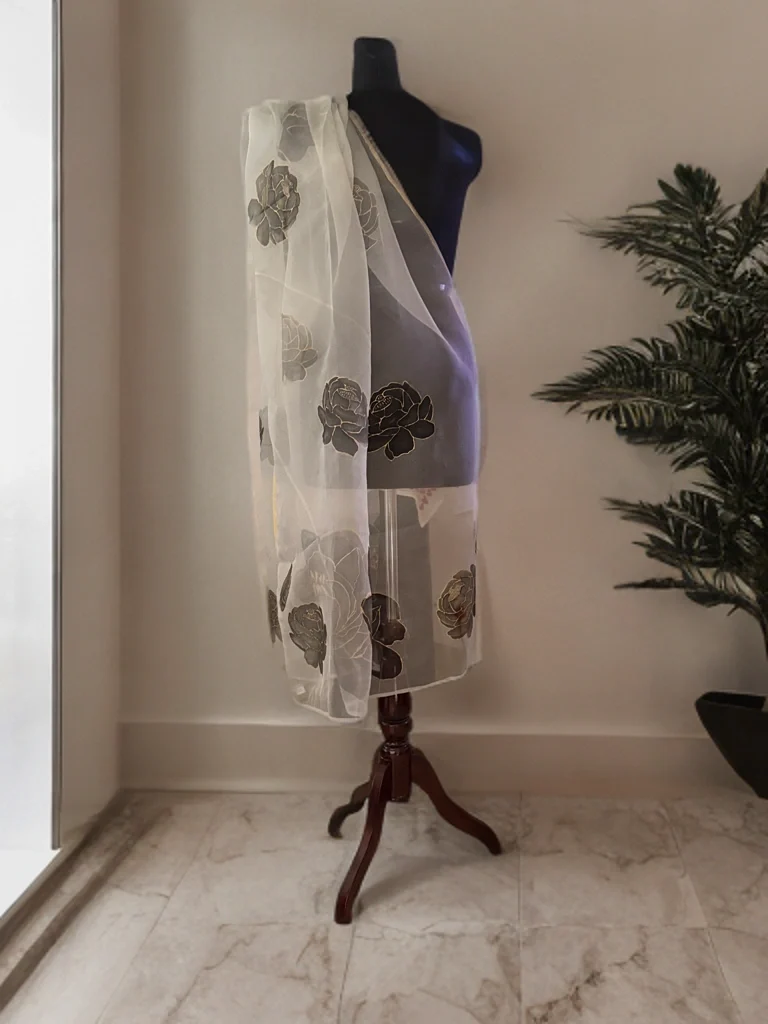 Moonlit Peony – Handpainted Silk Organza Dupatta