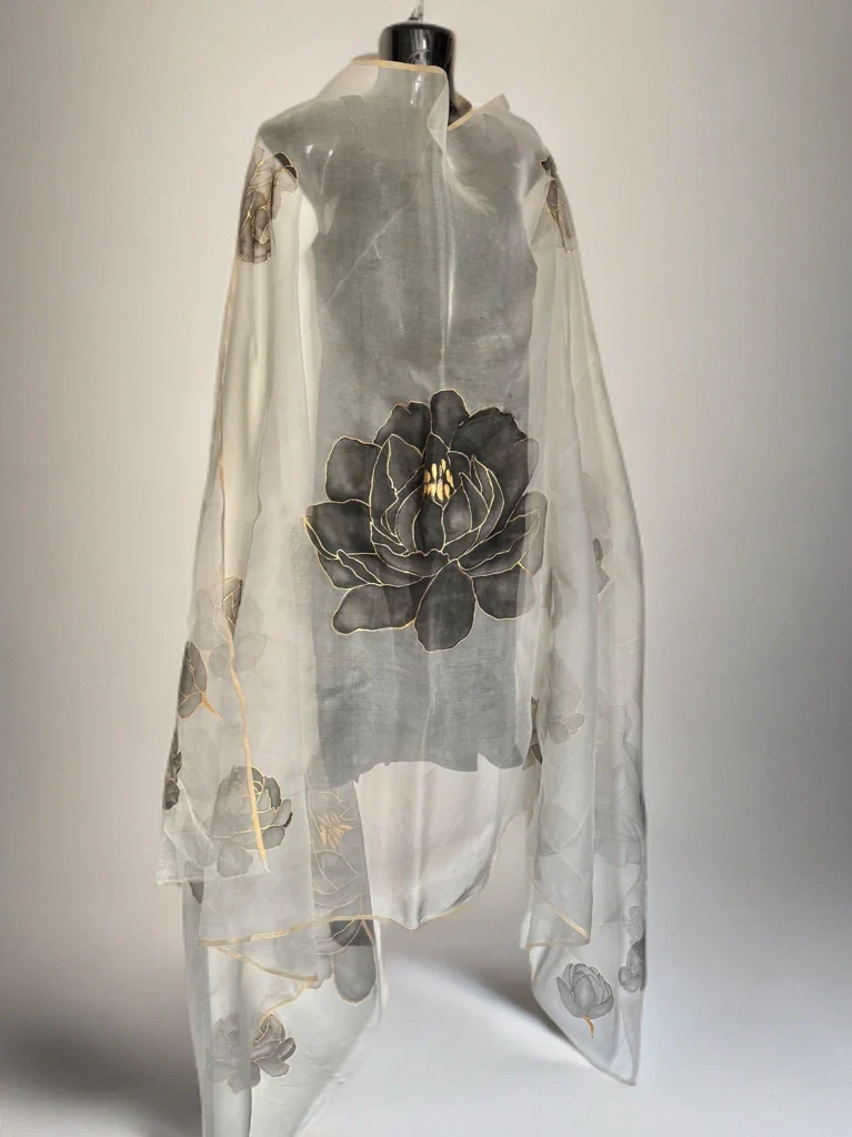 Moonlit Peony – Handpainted Silk Organza Dupatta