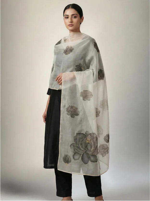 Moonlit Peony – Handpainted Silk Organza Dupatta