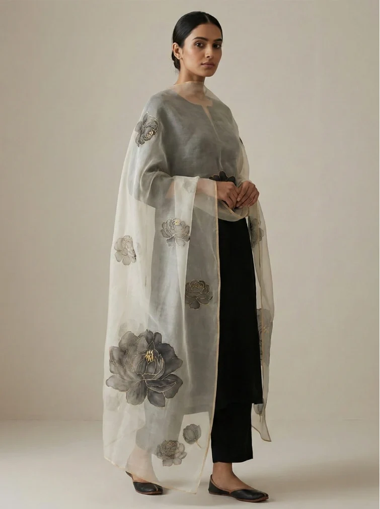 Moonlit Peony – Handpainted Silk Organza Dupatta