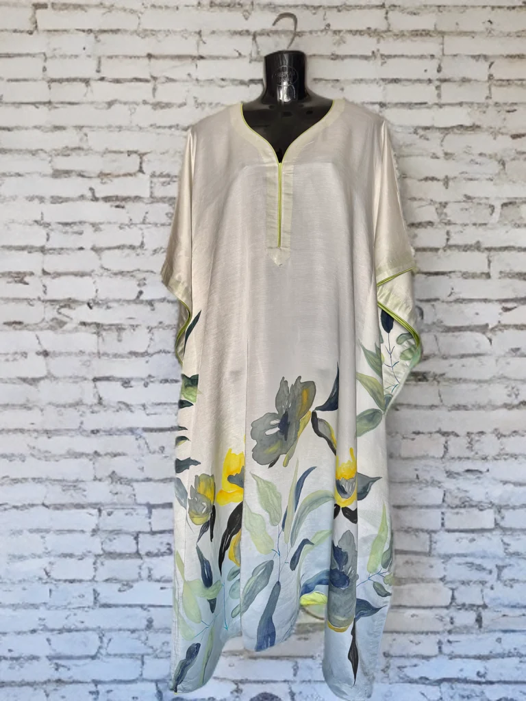 Ivory Botanica – Handpainted Linen Silk Kaftan