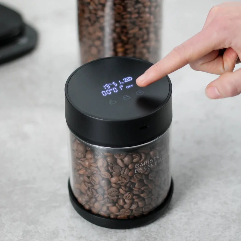 Luftdichte Kaffeedose aus Glas mit elektronischer Pumpe, Thermometer und Messung von Luftfeuchtigkeit